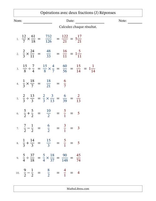 Opérations avec fractions propres et impropres avec dénominateurs égals, résultats sous fractions mixtes et simplification dans tous les problèmes (Remplissable) (J) page 2