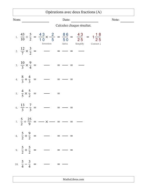 Opérations avec fractions propres et impropres avec dénominateurs égals, résultats sous fractions mixtes et simplification dans tous les problèmes (Remplissable) (Tout)