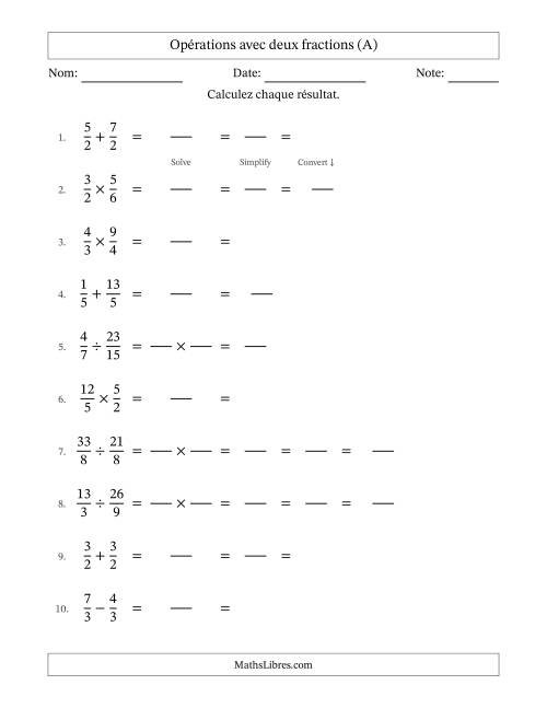 Opérations avec fractions propres et impropres avec dénominateurs égals, résultats sous fractions mixtes et quelque simplification (Remplissable) (A)