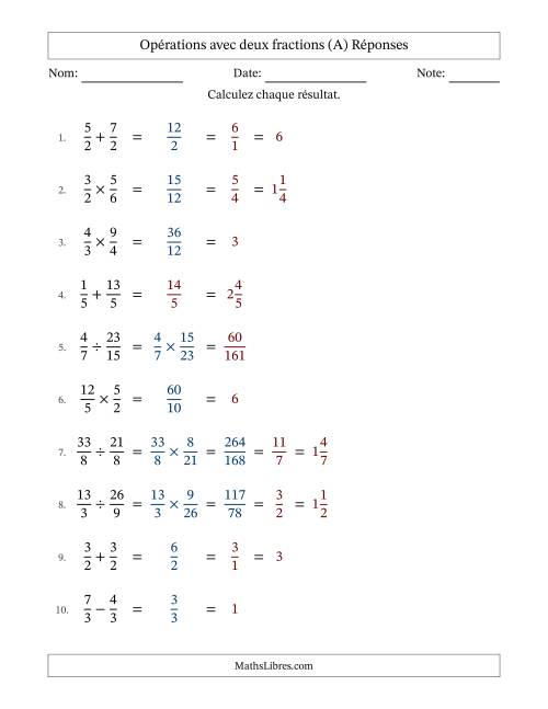 Opérations avec fractions propres et impropres avec dénominateurs égals, résultats sous fractions mixtes et quelque simplification (Remplissable) (A) page 2