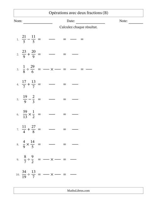 Opérations avec fractions propres et impropres avec dénominateurs égals, résultats sous fractions mixtes et quelque simplification (Remplissable) (B)