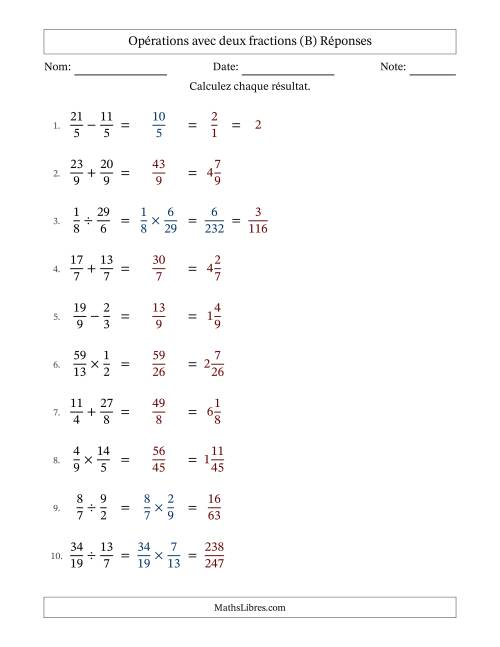 Opérations avec fractions propres et impropres avec dénominateurs égals, résultats sous fractions mixtes et quelque simplification (Remplissable) (B) page 2