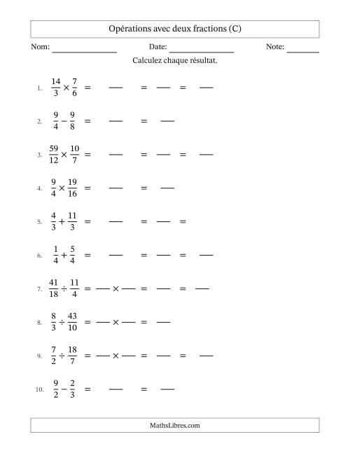 Opérations avec fractions propres et impropres avec dénominateurs égals, résultats sous fractions mixtes et quelque simplification (Remplissable) (C)