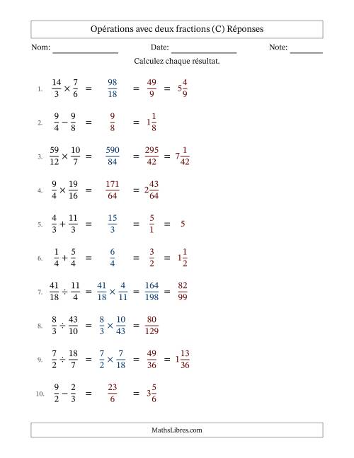 Opérations avec fractions propres et impropres avec dénominateurs égals, résultats sous fractions mixtes et quelque simplification (Remplissable) (C) page 2