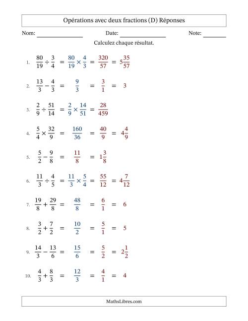 Opérations avec fractions propres et impropres avec dénominateurs égals, résultats sous fractions mixtes et quelque simplification (Remplissable) (D) page 2