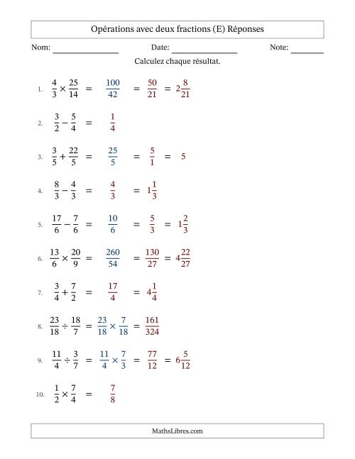Opérations avec fractions propres et impropres avec dénominateurs égals, résultats sous fractions mixtes et quelque simplification (Remplissable) (E) page 2