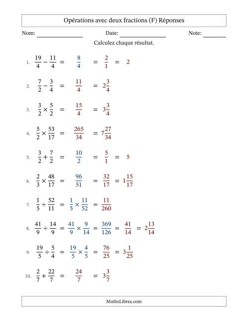 Opérations avec fractions propres et impropres avec dénominateurs égals, résultats sous fractions mixtes et quelque simplification (Remplissable) (F) page 2