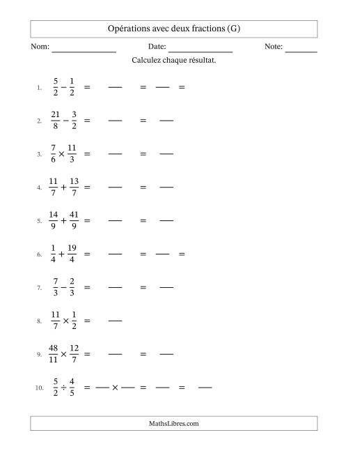 Opérations avec fractions propres et impropres avec dénominateurs égals, résultats sous fractions mixtes et quelque simplification (Remplissable) (G)