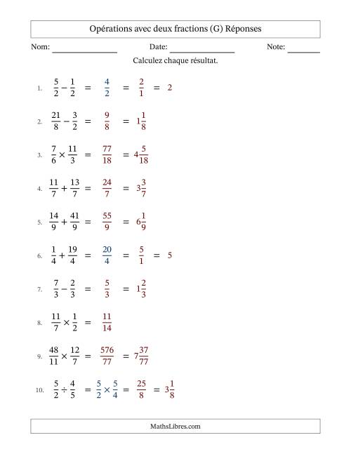Opérations avec fractions propres et impropres avec dénominateurs égals, résultats sous fractions mixtes et quelque simplification (Remplissable) (G) page 2