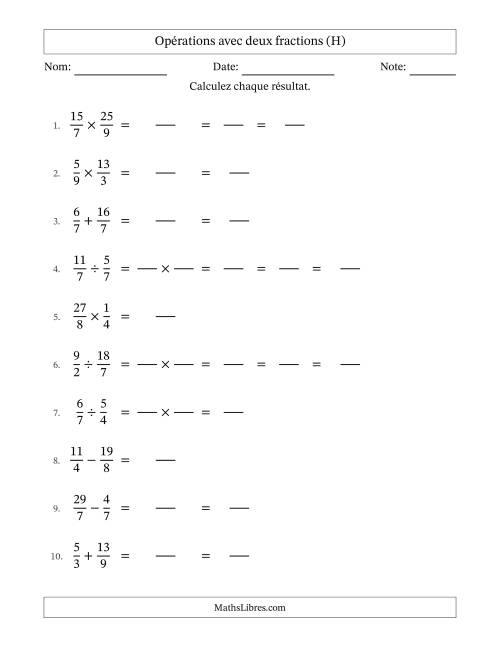 Opérations avec fractions propres et impropres avec dénominateurs égals, résultats sous fractions mixtes et quelque simplification (Remplissable) (H)