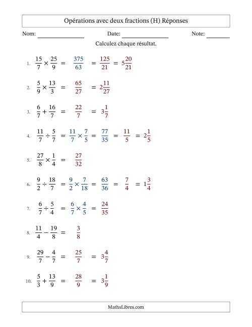 Opérations avec fractions propres et impropres avec dénominateurs égals, résultats sous fractions mixtes et quelque simplification (Remplissable) (H) page 2