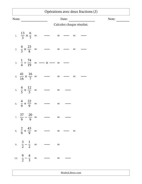 Opérations avec fractions propres et impropres avec dénominateurs égals, résultats sous fractions mixtes et quelque simplification (Remplissable) (J)