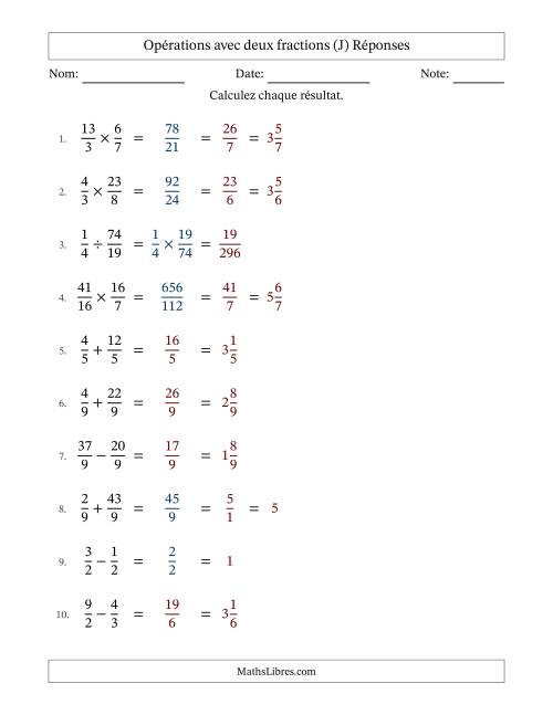 Opérations avec fractions propres et impropres avec dénominateurs égals, résultats sous fractions mixtes et quelque simplification (Remplissable) (J) page 2