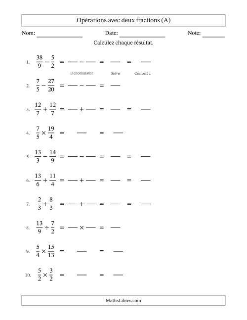 Opérations avec fractions propres et impropres avec dénominateurs similaires, résultats sous fractions mixtes et sans simplification (Remplissable) (A)