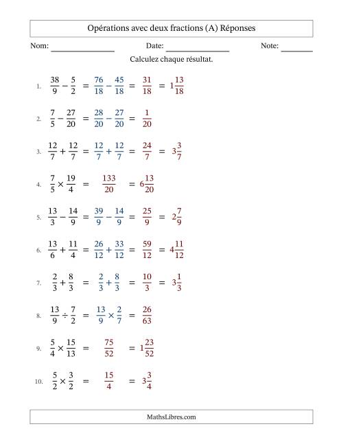 Opérations avec fractions propres et impropres avec dénominateurs similaires, résultats sous fractions mixtes et sans simplification (Remplissable) (A) page 2