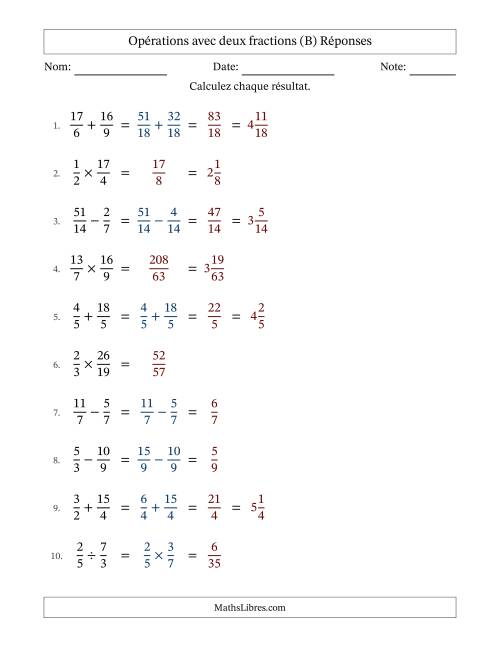 Opérations avec fractions propres et impropres avec dénominateurs similaires, résultats sous fractions mixtes et sans simplification (Remplissable) (B) page 2