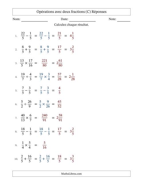 Opérations avec fractions propres et impropres avec dénominateurs similaires, résultats sous fractions mixtes et sans simplification (Remplissable) (C) page 2
