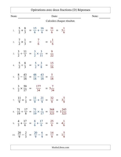 Opérations avec fractions propres et impropres avec dénominateurs similaires, résultats sous fractions mixtes et sans simplification (Remplissable) (D) page 2