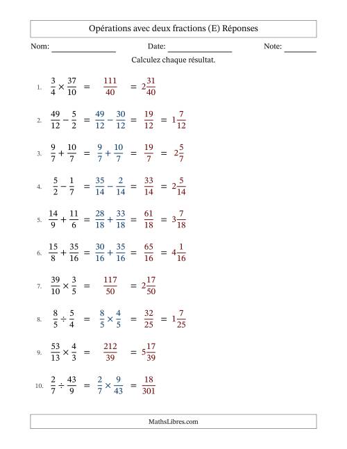 Opérations avec fractions propres et impropres avec dénominateurs similaires, résultats sous fractions mixtes et sans simplification (Remplissable) (E) page 2