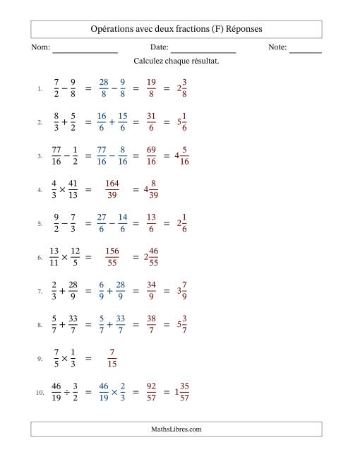 Opérations avec fractions propres et impropres avec dénominateurs similaires, résultats sous fractions mixtes et sans simplification (Remplissable) (F) page 2