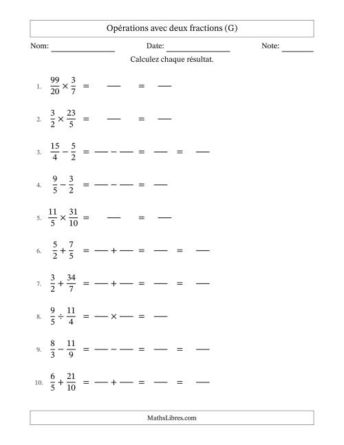 Opérations avec fractions propres et impropres avec dénominateurs similaires, résultats sous fractions mixtes et sans simplification (Remplissable) (G)