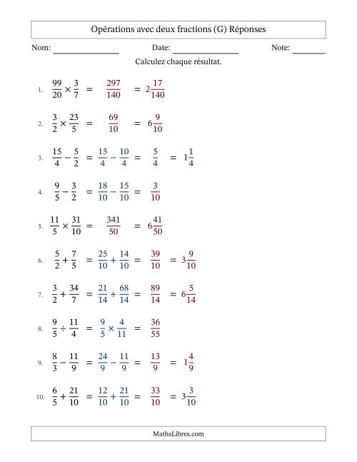 Opérations avec fractions propres et impropres avec dénominateurs similaires, résultats sous fractions mixtes et sans simplification (Remplissable) (G) page 2