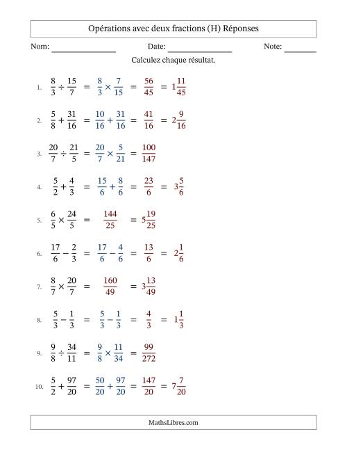 Opérations avec fractions propres et impropres avec dénominateurs similaires, résultats sous fractions mixtes et sans simplification (Remplissable) (H) page 2
