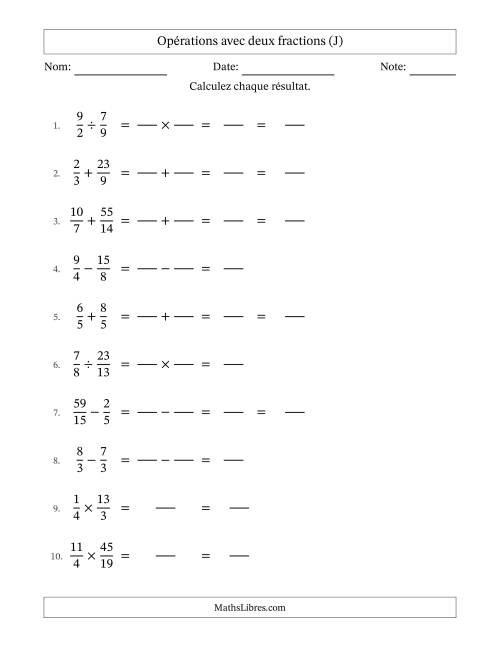 Opérations avec fractions propres et impropres avec dénominateurs similaires, résultats sous fractions mixtes et sans simplification (Remplissable) (J)