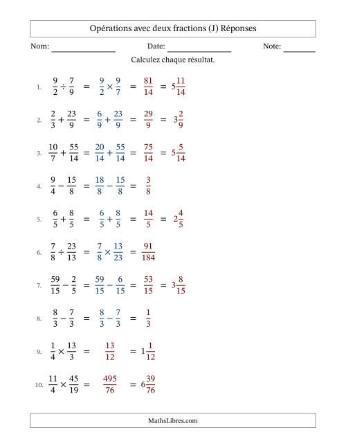 Opérations avec fractions propres et impropres avec dénominateurs similaires, résultats sous fractions mixtes et sans simplification (Remplissable) (J) page 2