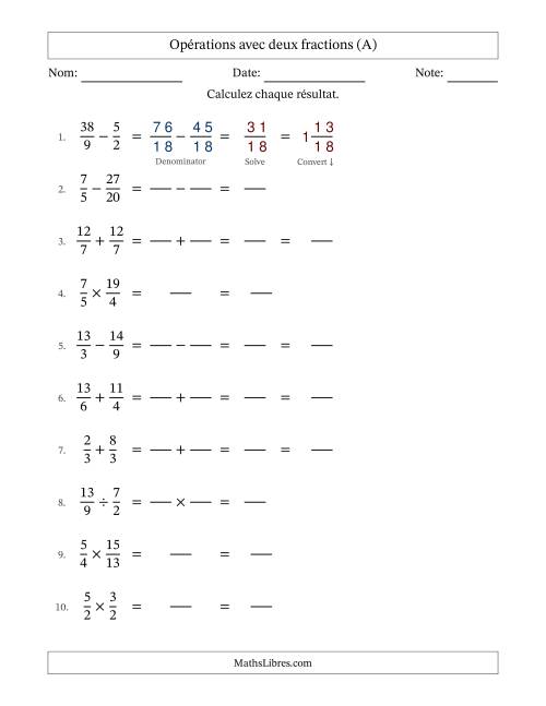 Opérations avec fractions propres et impropres avec dénominateurs similaires, résultats sous fractions mixtes et sans simplification (Remplissable) (Tout)