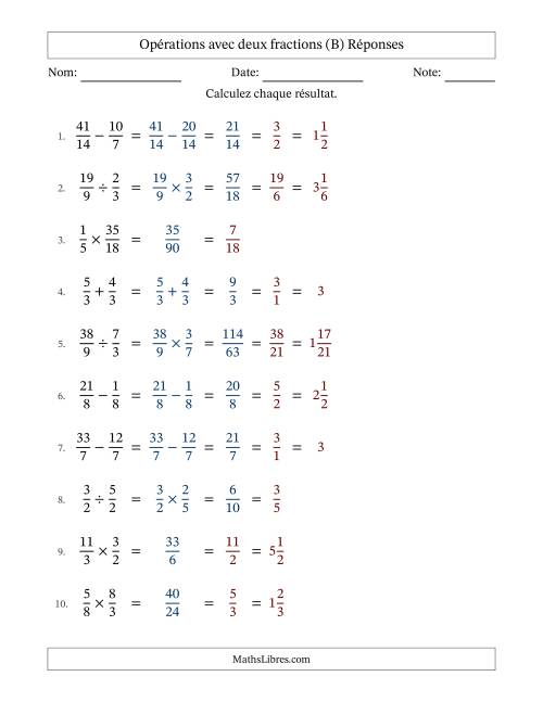 Opérations avec fractions propres et impropres avec dénominateurs similaires, résultats sous fractions mixtes et simplification dans tous les problèmes (Remplissable) (B) page 2