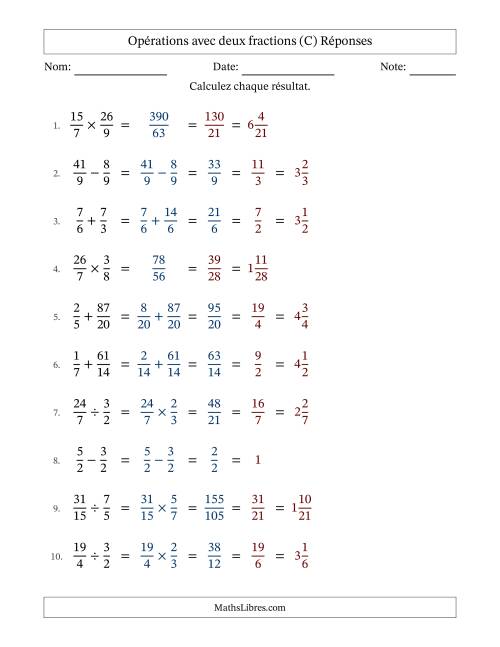 Opérations avec fractions propres et impropres avec dénominateurs similaires, résultats sous fractions mixtes et simplification dans tous les problèmes (Remplissable) (C) page 2