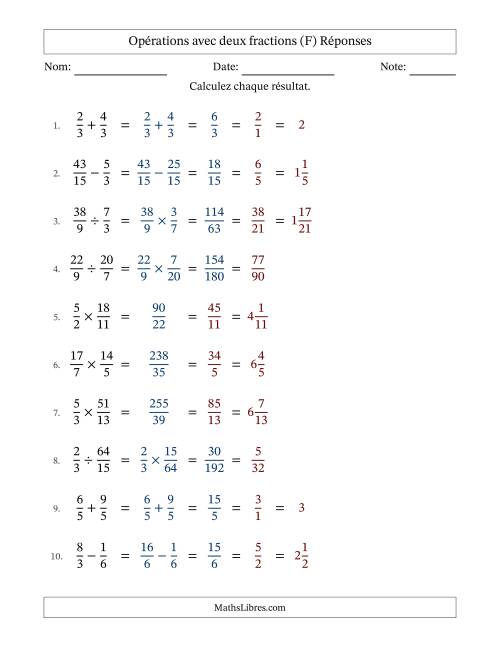 Opérations avec fractions propres et impropres avec dénominateurs similaires, résultats sous fractions mixtes et simplification dans tous les problèmes (Remplissable) (F) page 2
