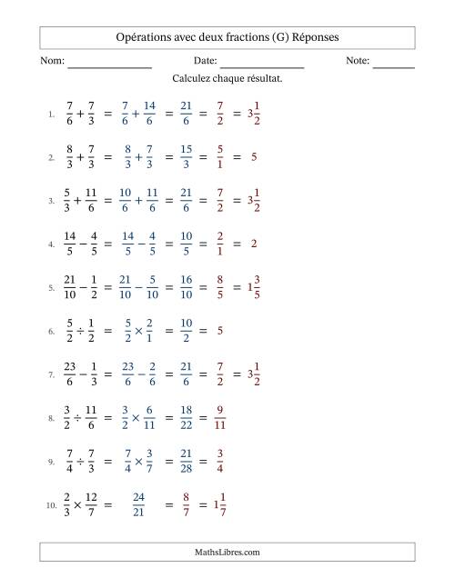 Opérations avec fractions propres et impropres avec dénominateurs similaires, résultats sous fractions mixtes et simplification dans tous les problèmes (Remplissable) (G) page 2