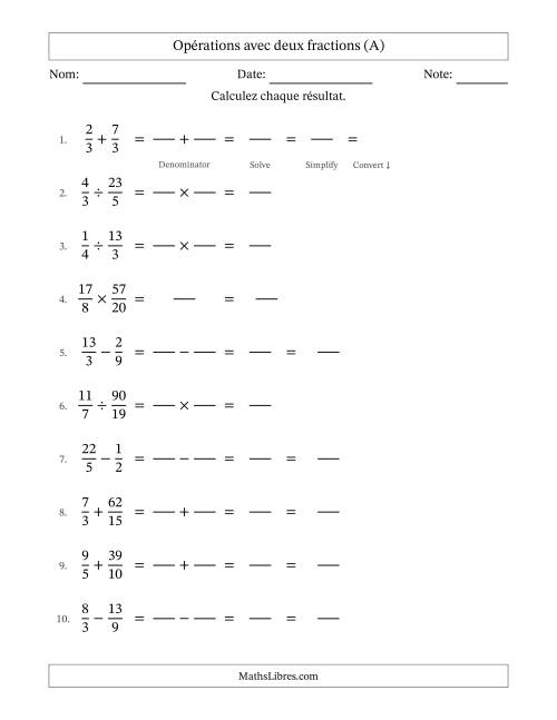 Opérations avec fractions propres et impropres avec dénominateurs similaires, résultats sous fractions mixtes et quelque simplification (Remplissable) (A)