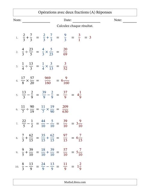 Opérations avec fractions propres et impropres avec dénominateurs similaires, résultats sous fractions mixtes et quelque simplification (Remplissable) (A) page 2