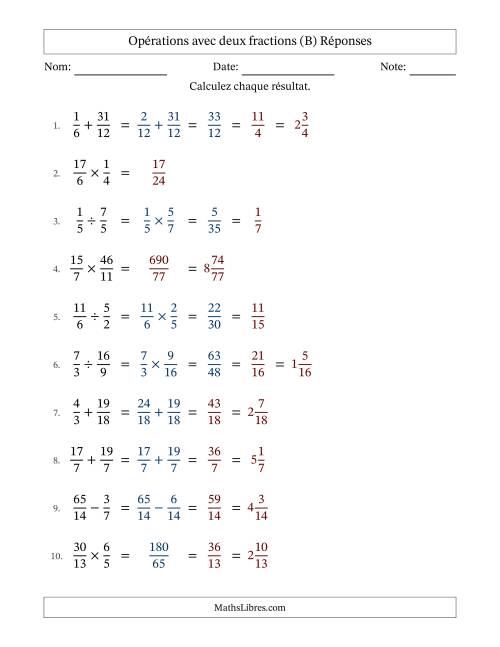 Opérations avec fractions propres et impropres avec dénominateurs similaires, résultats sous fractions mixtes et quelque simplification (Remplissable) (B) page 2