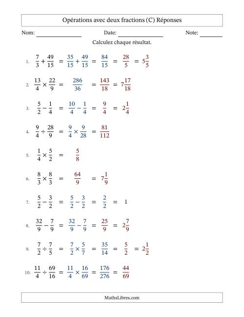 Opérations avec fractions propres et impropres avec dénominateurs similaires, résultats sous fractions mixtes et quelque simplification (Remplissable) (C) page 2