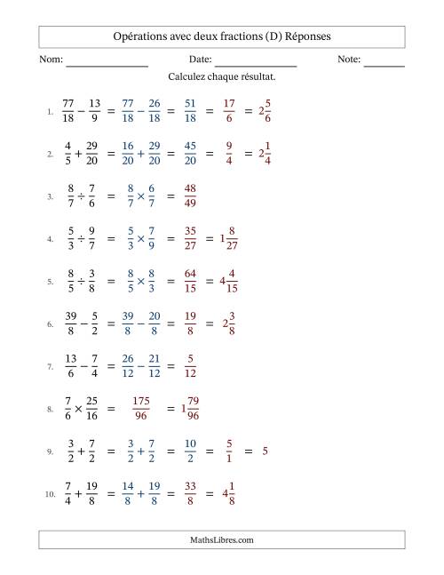 Opérations avec fractions propres et impropres avec dénominateurs similaires, résultats sous fractions mixtes et quelque simplification (Remplissable) (D) page 2