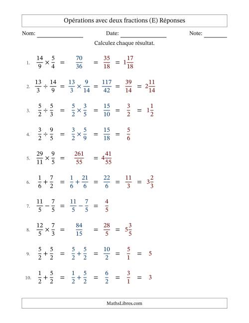 Opérations avec fractions propres et impropres avec dénominateurs similaires, résultats sous fractions mixtes et quelque simplification (Remplissable) (E) page 2