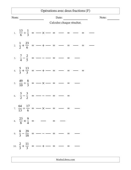 Opérations avec fractions propres et impropres avec dénominateurs similaires, résultats sous fractions mixtes et quelque simplification (Remplissable) (F)