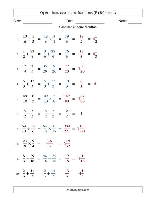 Opérations avec fractions propres et impropres avec dénominateurs similaires, résultats sous fractions mixtes et quelque simplification (Remplissable) (F) page 2
