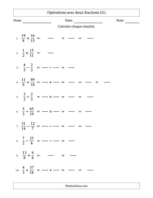 Opérations avec fractions propres et impropres avec dénominateurs similaires, résultats sous fractions mixtes et quelque simplification (Remplissable) (G)