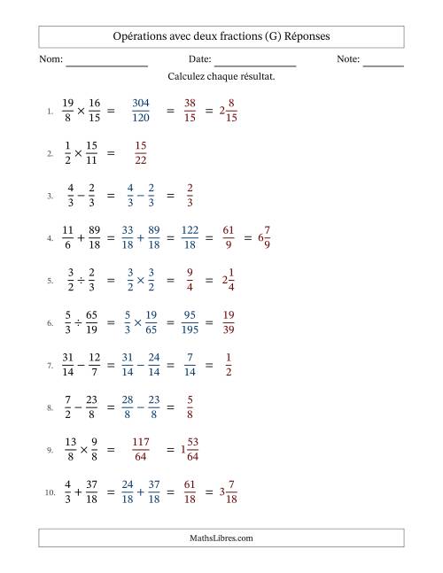 Opérations avec fractions propres et impropres avec dénominateurs similaires, résultats sous fractions mixtes et quelque simplification (Remplissable) (G) page 2