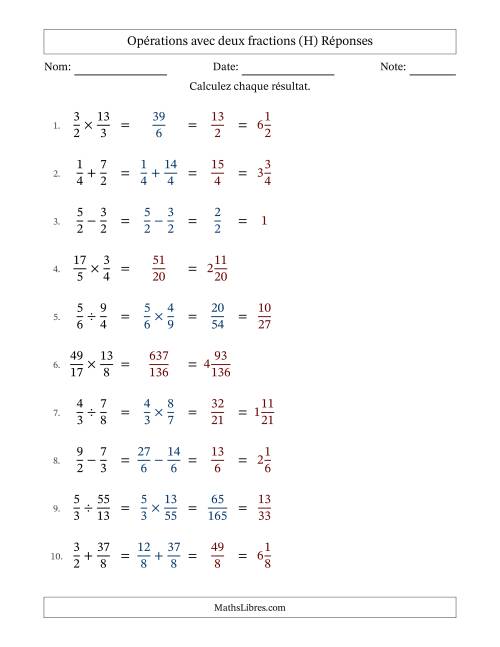 Opérations avec fractions propres et impropres avec dénominateurs similaires, résultats sous fractions mixtes et quelque simplification (Remplissable) (H) page 2