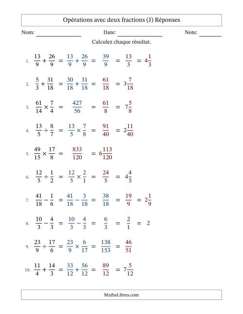 Opérations avec fractions propres et impropres avec dénominateurs similaires, résultats sous fractions mixtes et quelque simplification (Remplissable) (J) page 2