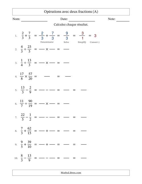Opérations avec fractions propres et impropres avec dénominateurs similaires, résultats sous fractions mixtes et quelque simplification (Remplissable) (Tout)