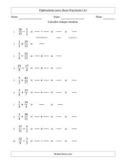 Opérations avec fractions propres et impropres avec dénominateurs différents, résultats sous fractions mixtes et sans simplification (Remplissable)