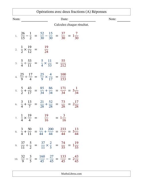 Opérations avec fractions propres et impropres avec dénominateurs différents, résultats sous fractions mixtes et sans simplification (Remplissable) (A) page 2