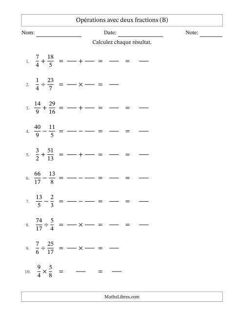 Opérations avec fractions propres et impropres avec dénominateurs différents, résultats sous fractions mixtes et sans simplification (Remplissable) (B)
